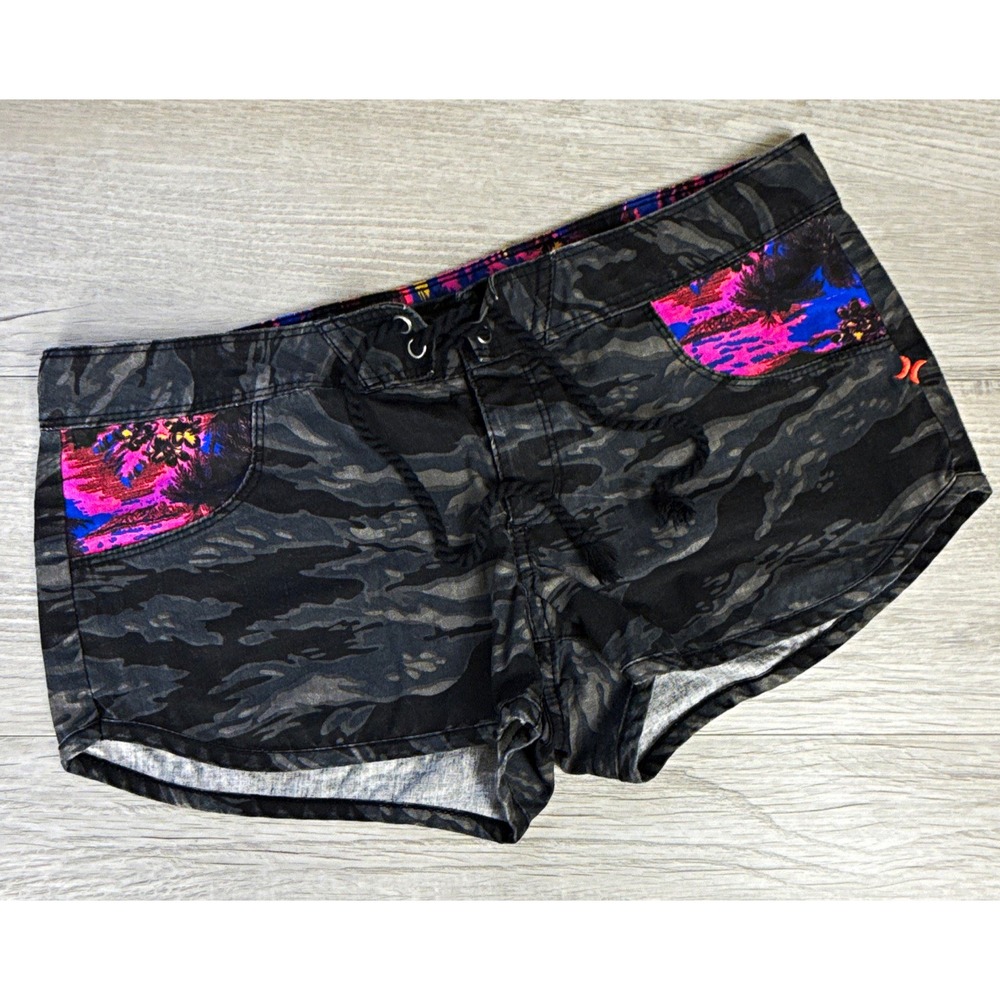 Hurley Womens 5 Micro Board Shorts Y2K Surf Skater Camo Neon Low Rise Skater